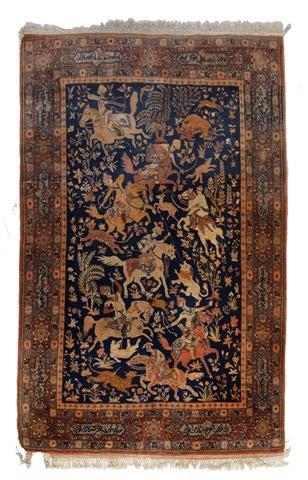 Appraisal: AN OLD PERSIAN BLUE GROUND RUG with all over hunting