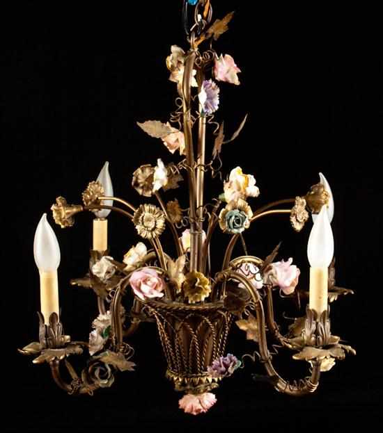 Appraisal: French gilt-metal and porcelain four-light flower basket form chandelier gilt-metal