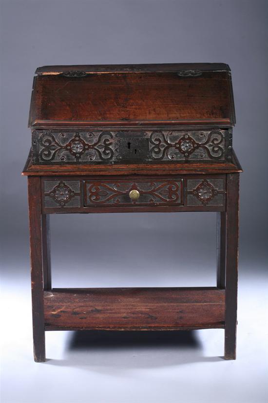 Appraisal: ENGLISH OAK SLANT-FRONT DESK ON STAND th century with later