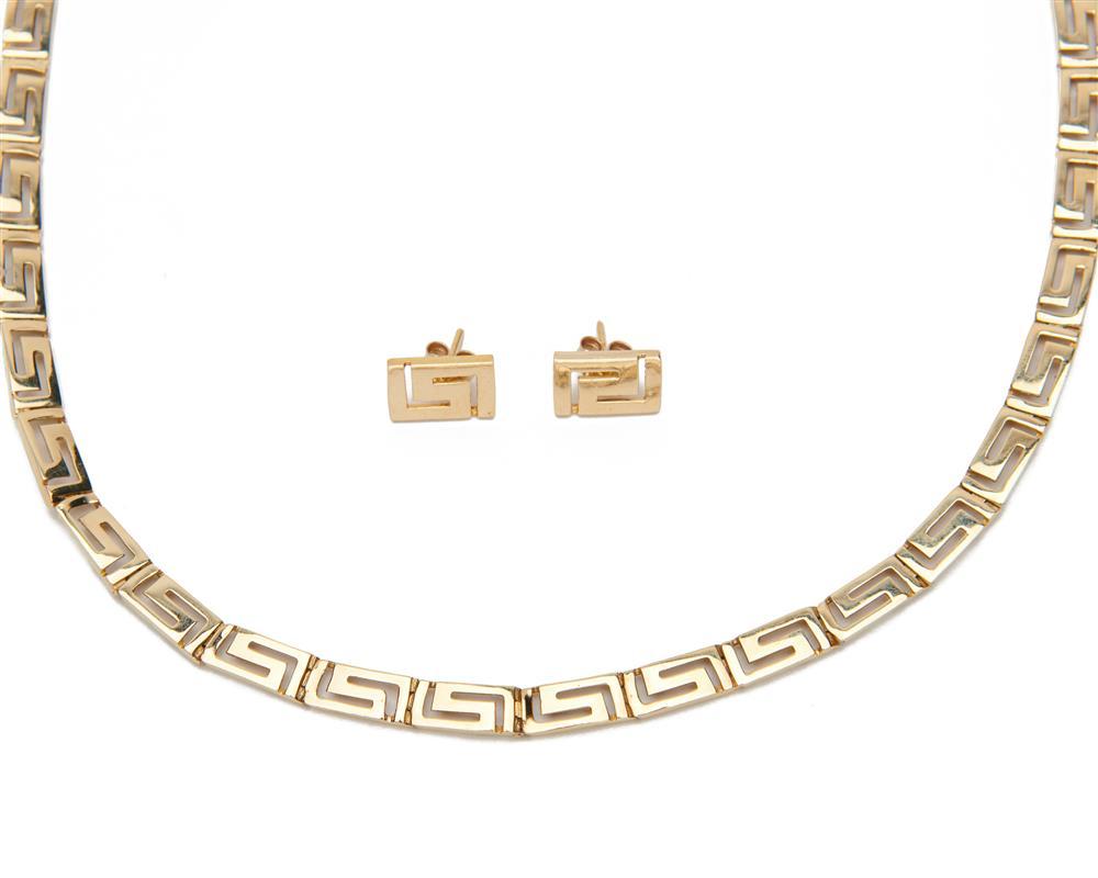 Appraisal: K Yellow Gold Suite comprising a geometric-link necklace and earrings