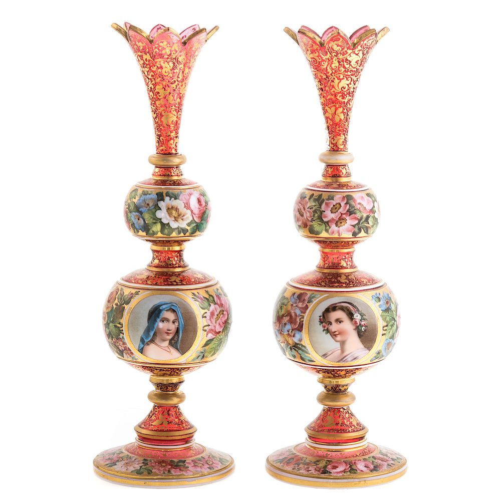 Appraisal: Pair of Bohemian Enamel Glass Portrait Vases Fourth quarter th