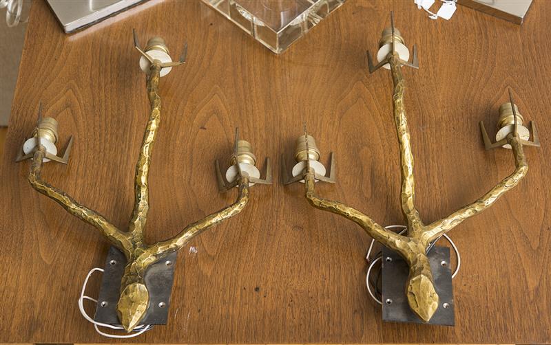 Appraisal: FELIX AGOSTINI PAIR OF GILT-BRONZE THREE-LIGHT SCONCES x x in