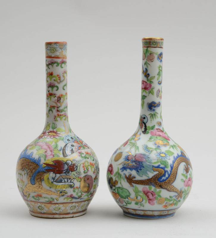 Appraisal: TWO SIMILAR CANTON PORCELAIN SMALL BOTTLE VASES Each with gilt