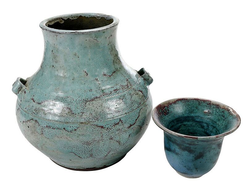 Appraisal: Two Pieces Jugtown Chinese Blue Pottery Moore County North Carolina