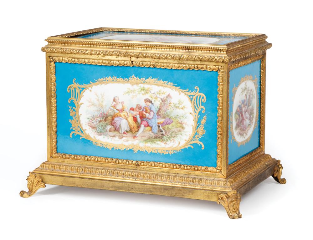 Appraisal: Large Bronze-Mounted Sevres-Style Polychrome and Gilt Porcelain Box marked bleu