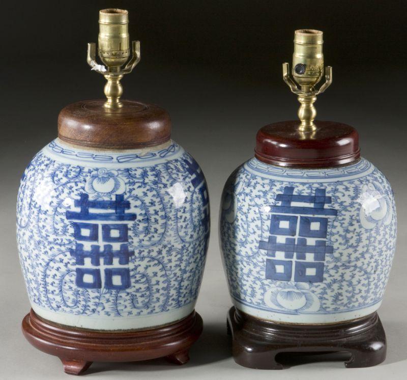 Appraisal: Two Chinese Ginger Jar Lamps probably th century traditional blue