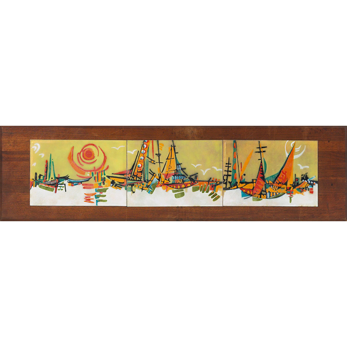 Appraisal: Modern frieze three copper tiles with enameled sailboat designs unsigned