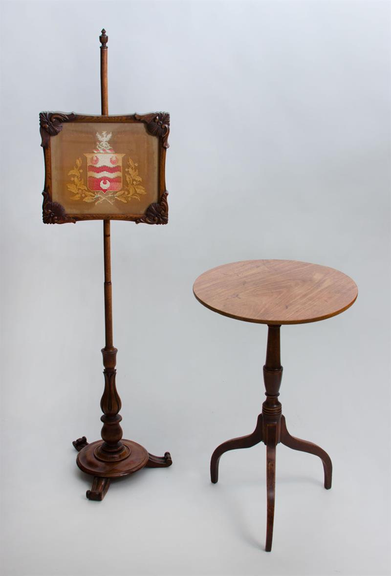 Appraisal: GEORGE III MAHOGANY TRIPOD CANDLESTAND AND VICTORIAN CARVED WALNUT FIRESCREEN