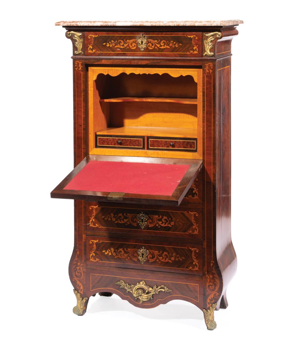 Appraisal: French Bronze-Mounted Kingwood and Marquetry Secretaire Abattant molded rouge marble