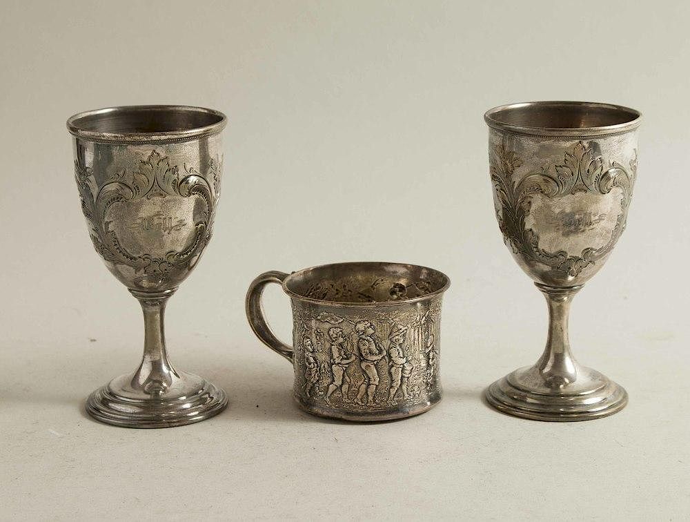 Appraisal: Silver Mug and Two Goblets Sterling silver handled mug with