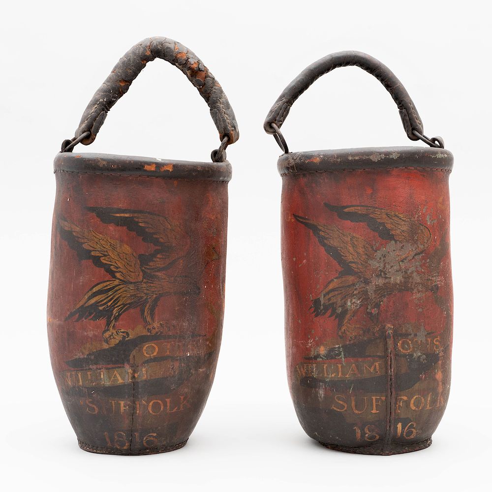 Appraisal: Pair of English Polychrome Painted Leather Fire Buckets Painted 'Otis