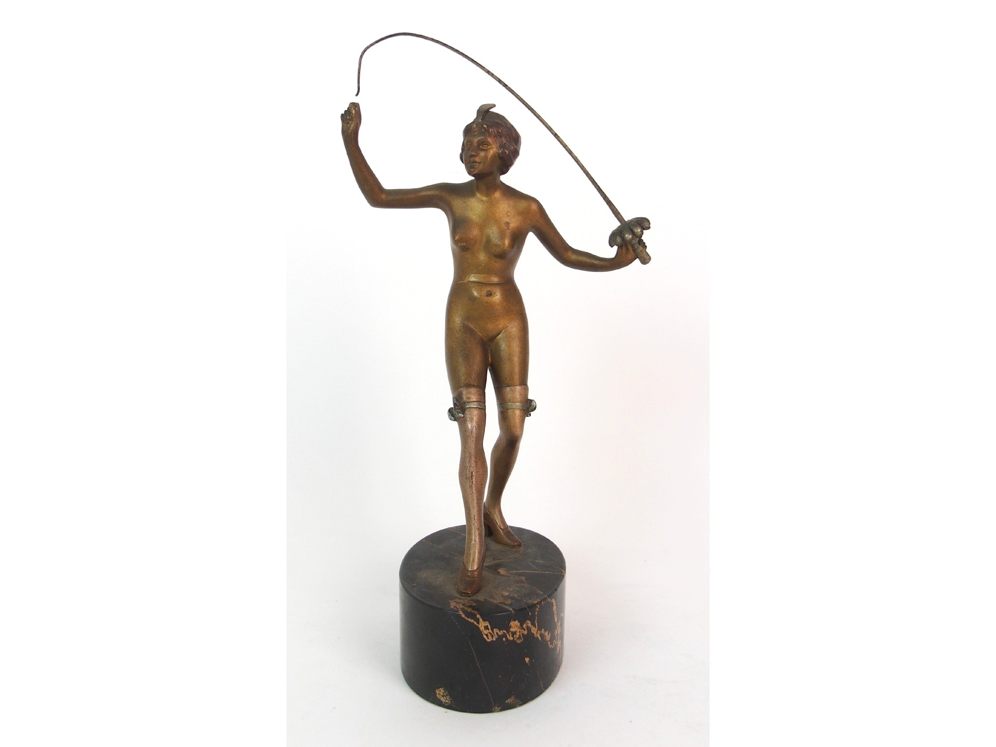 Appraisal: An Art Deco cold painted female nudemodelled with a fencing