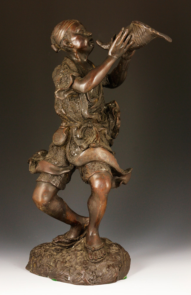 Appraisal: - Japanese Bronze Figure Japanese figure of a man blowing