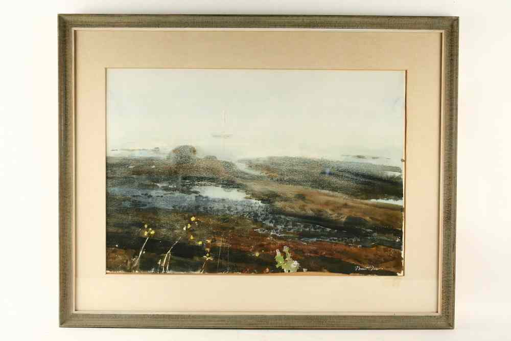 Appraisal: WATERCOLOR - Foggy Shore with Moored Sailboat by Forrest Walker