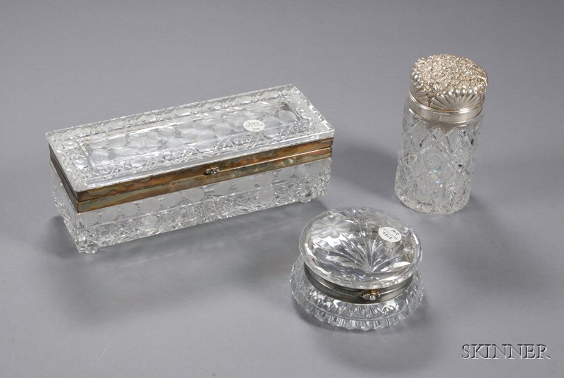 Appraisal: Three Cut Glass Containers th th century a sterling silver