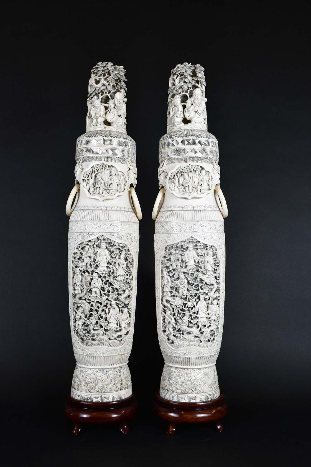 Appraisal: FINE LARGE PAIR OF CHINESE COVERED VASESEach of shaped cylindrical