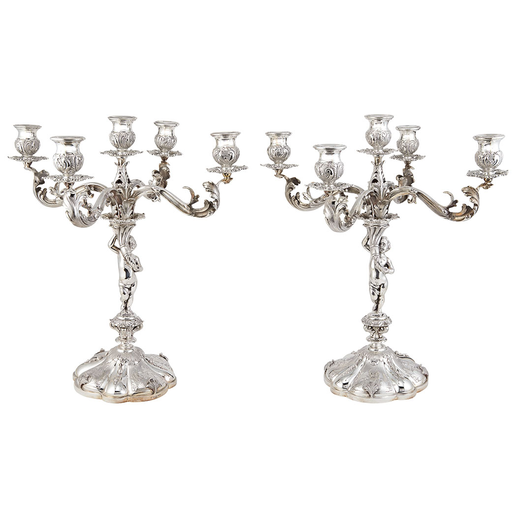 Appraisal: Pair of Italian Silver Five-Light Figural Candelabra th Century Each