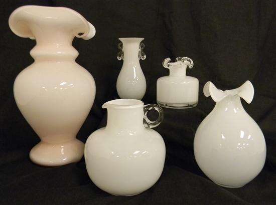 Appraisal: Five cased glass objects one pink and white vase ''