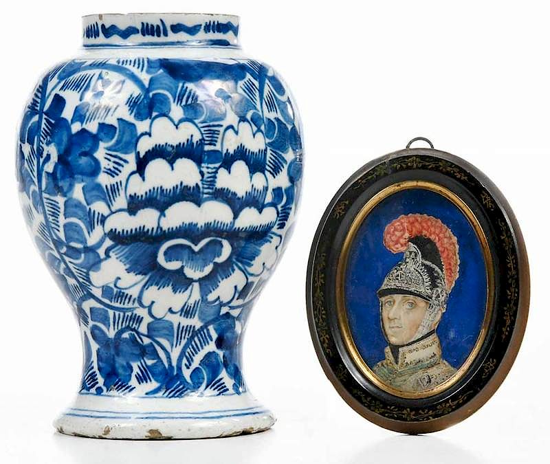 Appraisal: Delft Vase and Miniature Portrait of Soldier Continental th century