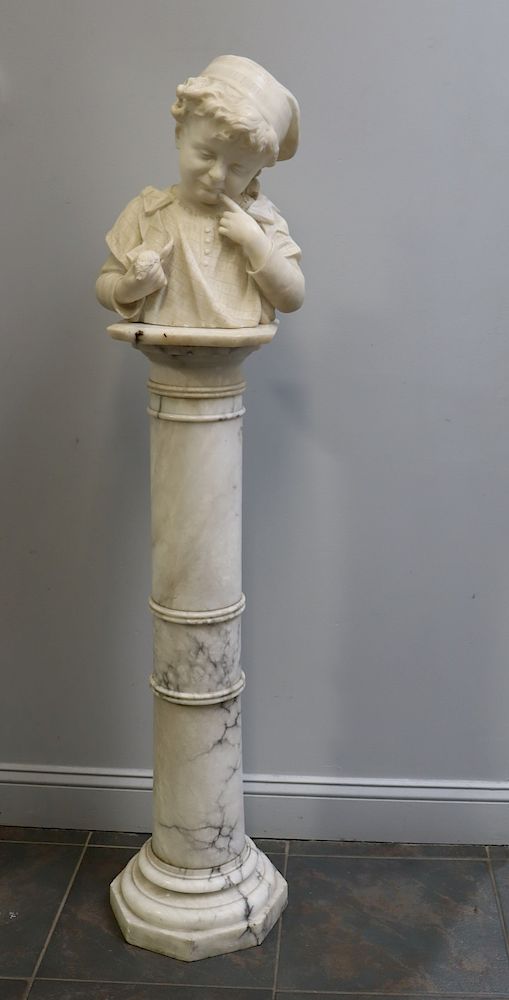 Appraisal: UNSIGNED Marble Sculpture On Marble Pedestal Bust of a pensive