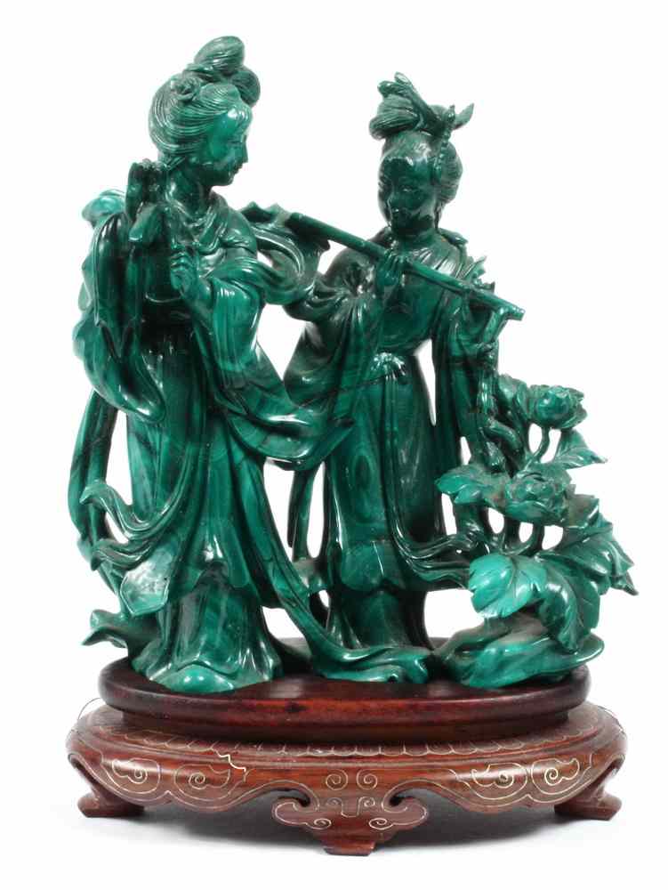 Appraisal: CARVED MALACHITE FEMALE MUSICIANS - Carved in the full round