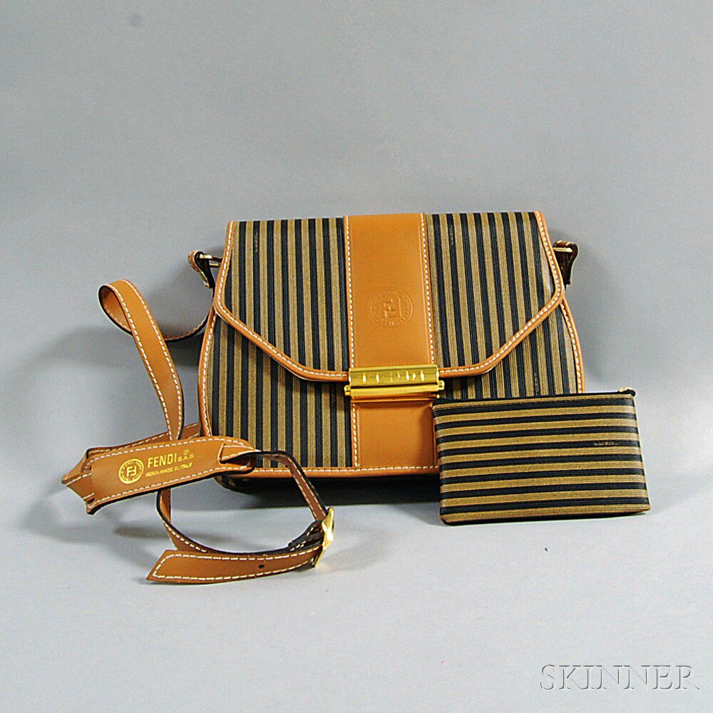 Appraisal: Fendi Striped Coated Canvas and Leather Purse and Matching Wallet