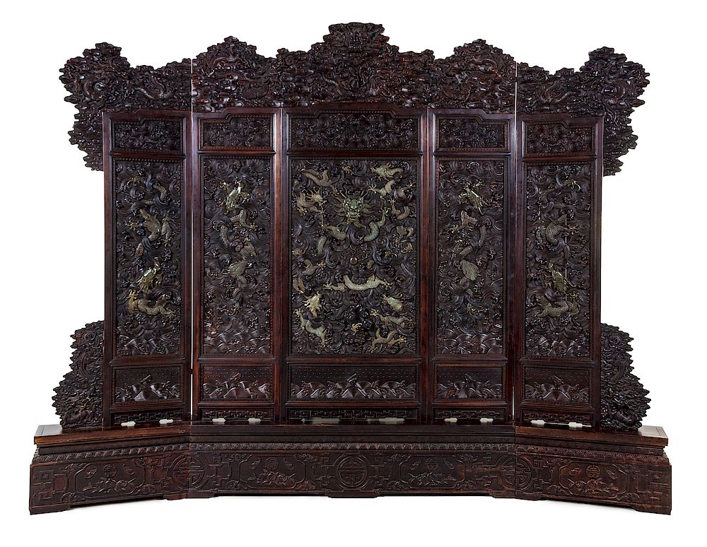 Appraisal: A Large Chinese Carved Hardwood Five-Panel Screen A Large Chinese