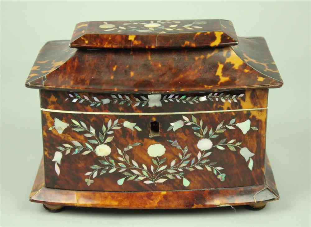 Appraisal: GEORGE III STYLE TORTOISESHELL AND MOTHER-OF-PEARL CADDY PROBABLY TH CENTURY