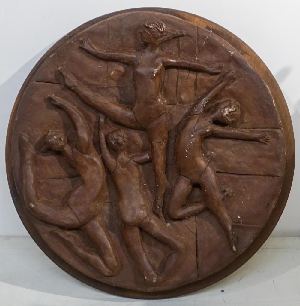 Appraisal: PAINTED PLASTER ROUND PLAQUE OF BALLET DANCERS MOUNTED ON WOOD