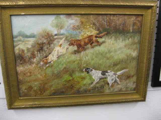 Appraisal: S Dye oil Trio of dogs in the woods image