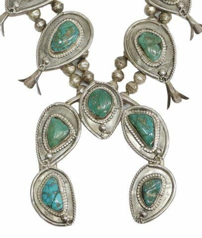 Appraisal: Native American silver content unknown and turquoise squash blossom necklace