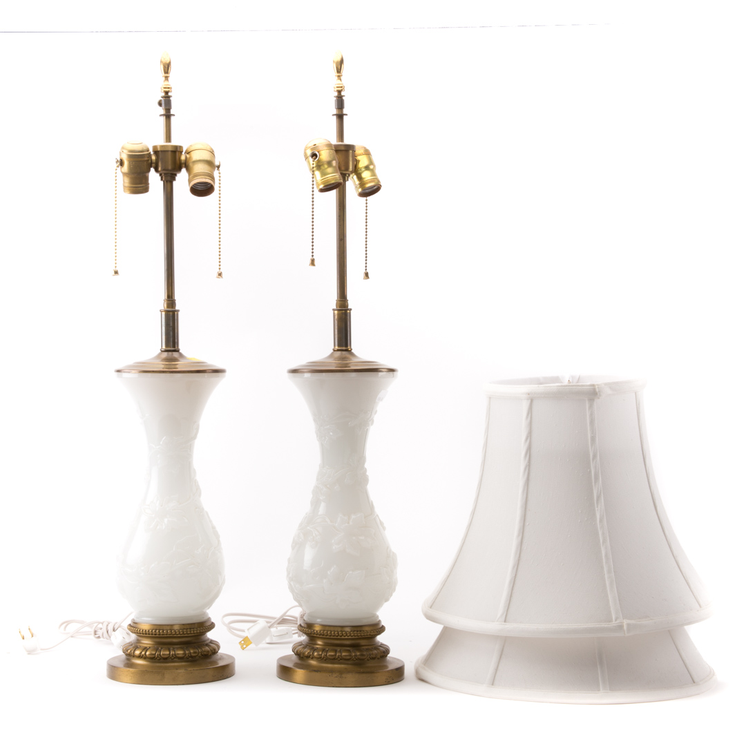 Appraisal: Pair of Bristol clambroth vase lamps with silk shades