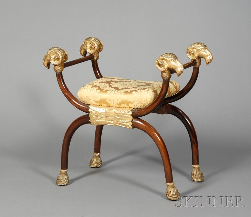 Appraisal: Empire Style Mahogany and Parcel-gilt Window Bench with gold silk