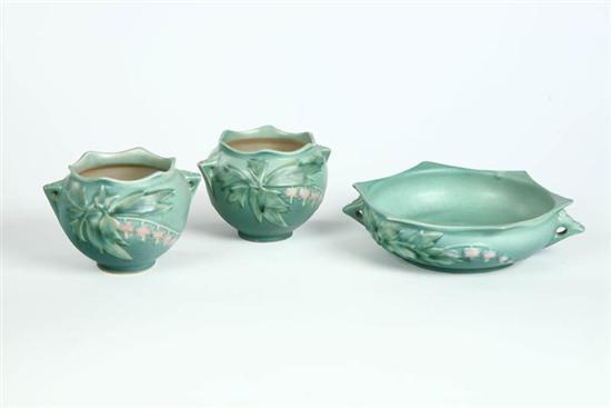 Appraisal: THREE PIECES ROSEVILLE All with green matte glaze and in