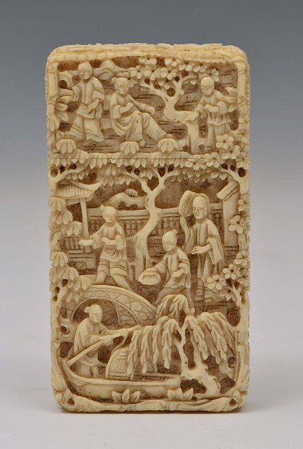 Appraisal: A CHINESE CANTON CARVED IVORY VISITING CARD CASE figures crossing