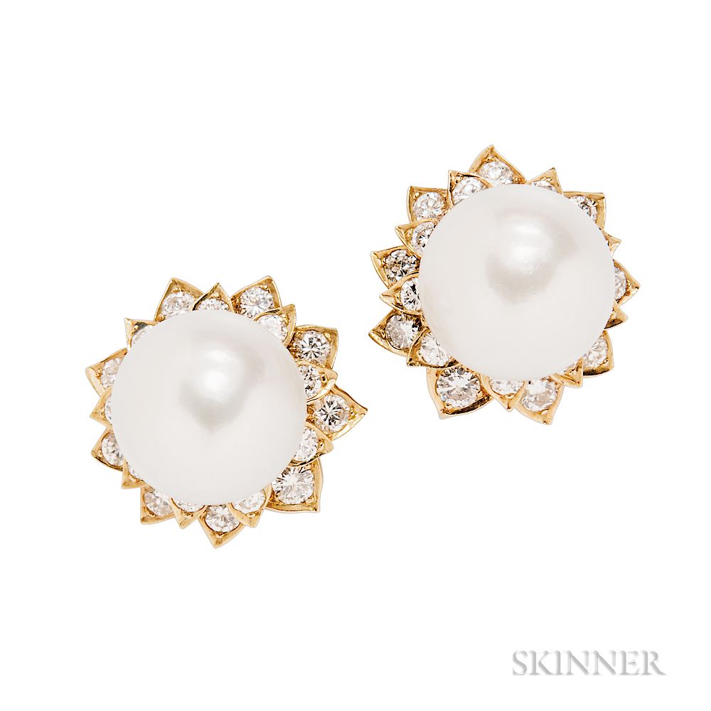 Appraisal: kt Gold South Sea Pearl and Diamond Earclips David Webb