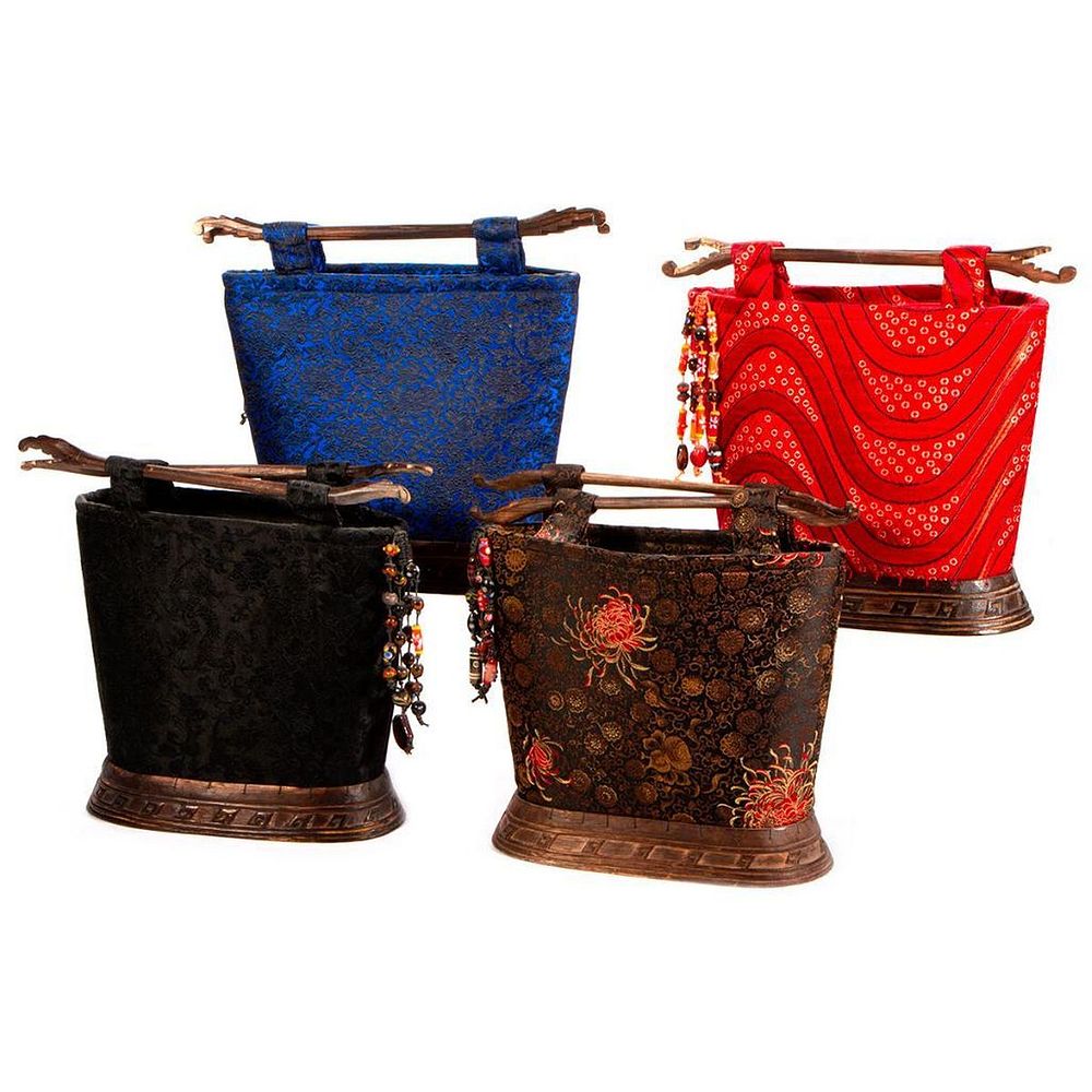 Appraisal: Four Neshama by Avara Yaron wood and silk bags measuring