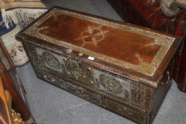 Appraisal: AN TH CENTURY DUTCH COLONIAL COFFER with brass studded decoration