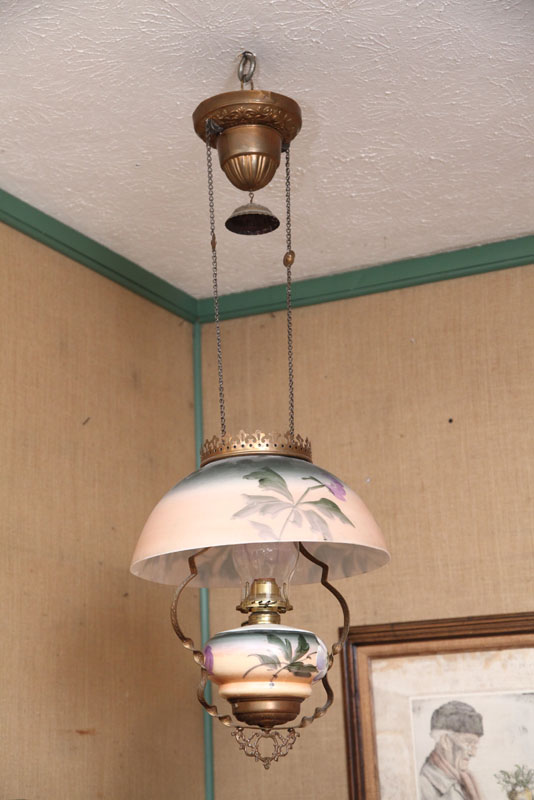 Appraisal: HANGING LIGHT Possibly Larkin Handpainted floral shade and font on