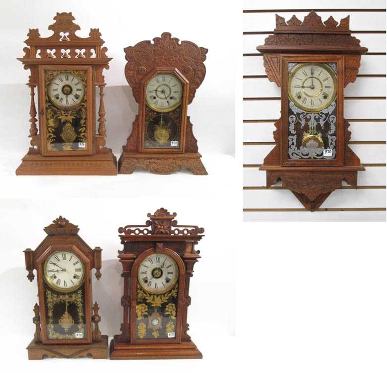 Appraisal: FIVE VICTORIAN KITCHEN CLOCKS including one oak and four walnut