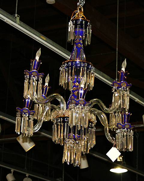 Appraisal: A Bohemian blue and clear glass eight light chandelier height