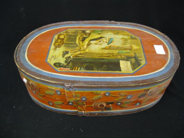 Appraisal: Decorated Wood Oval Box painted and lithograph scene x