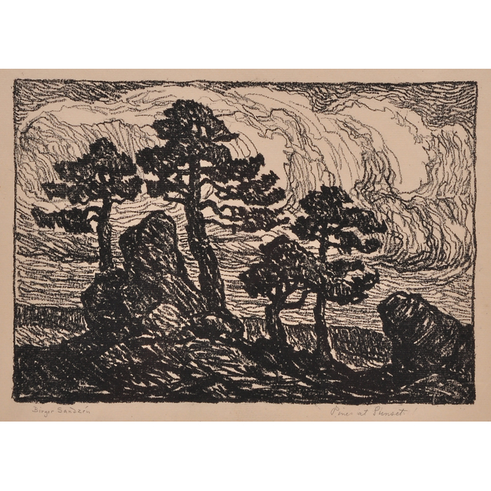 Appraisal: Birger Sandzen American - Pines at Sunset c woodcut x