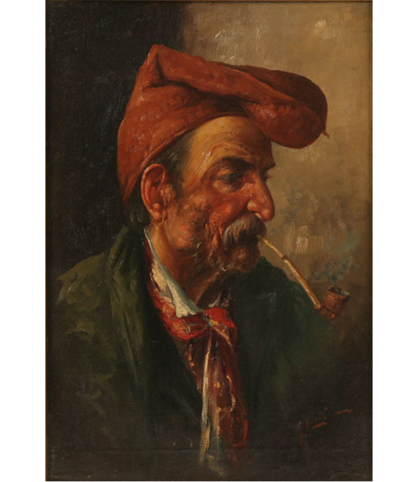 Appraisal: European early th century peasant smoking a long pipe oil