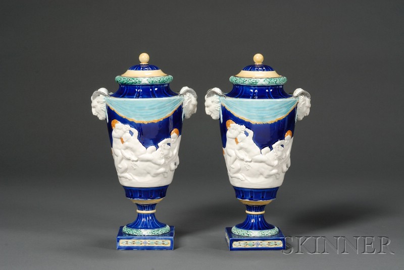 Appraisal: Pair of Wedgwood Majolica Vases and Covers England c each