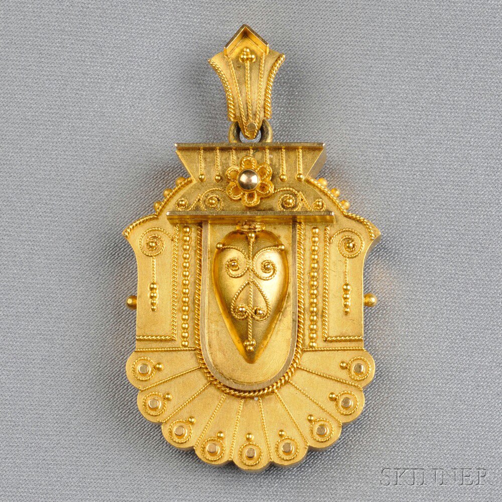 Appraisal: Etruscan Revival kt Gold Locket the shaped pendant centering an