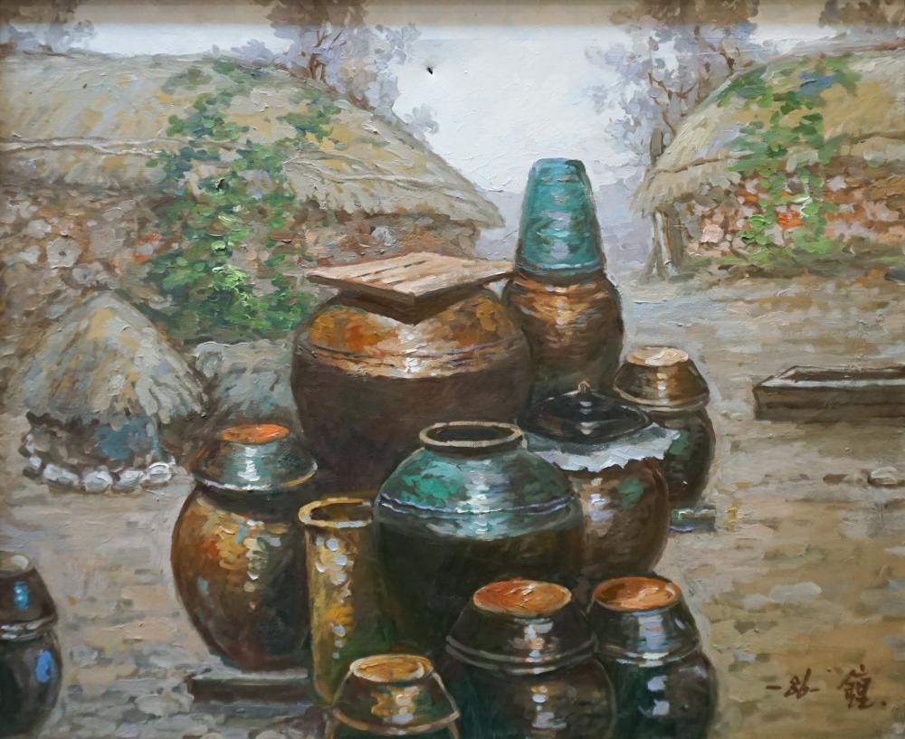 Appraisal: CHINESE SCHOOL TH CENTURY POTS IN VILLAGE CENTER OIL ON