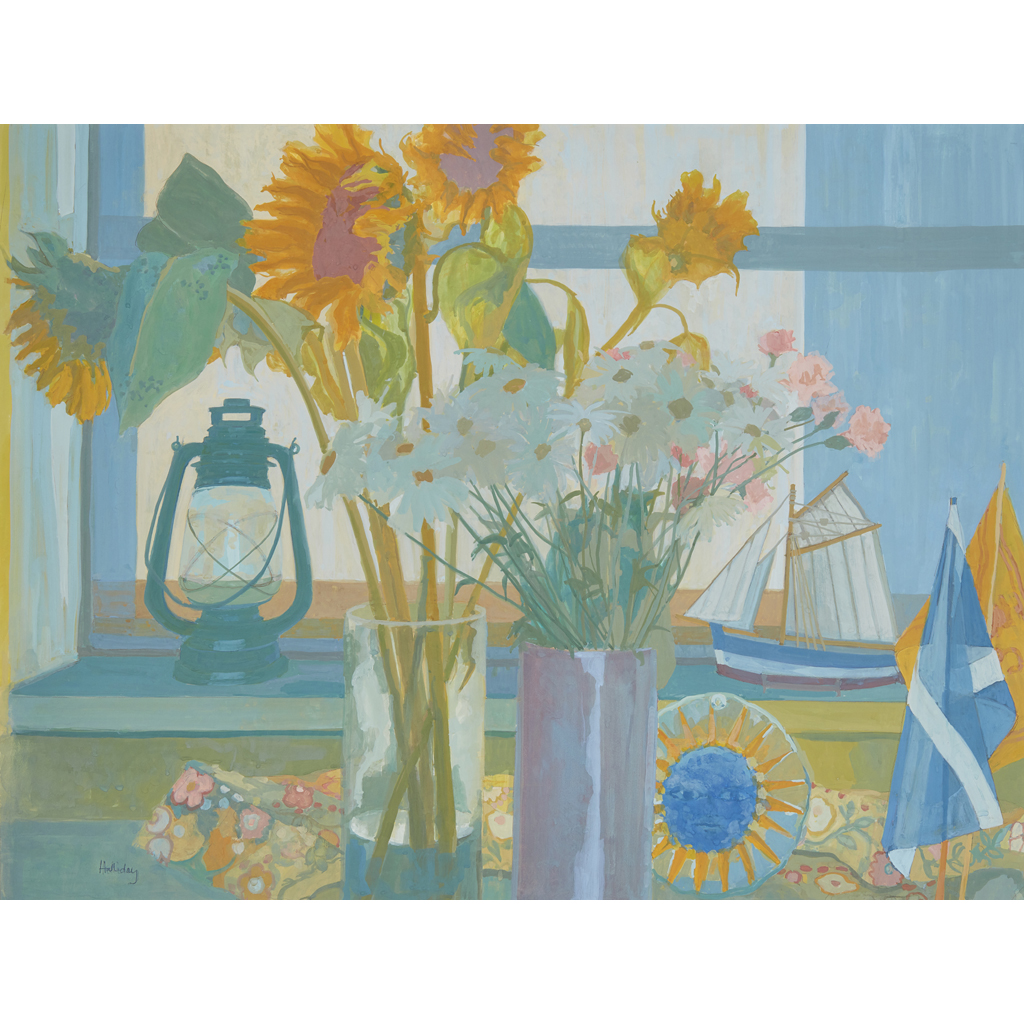 Appraisal: IRENE HALLIDAY SCOTTISH B SUNFLOWERS STUDIO WINDOW Signed gouache cm