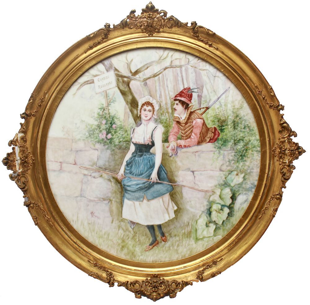 Appraisal: Limoges Courting Scene Signed Porcelain Plaque T V Limoges round