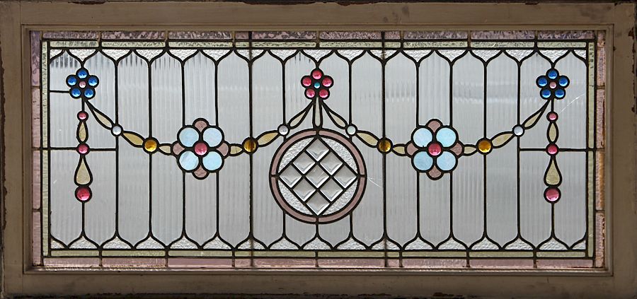 Appraisal: LATE TH C STAINED GLASS TRANSOM WOOD FRAME A late